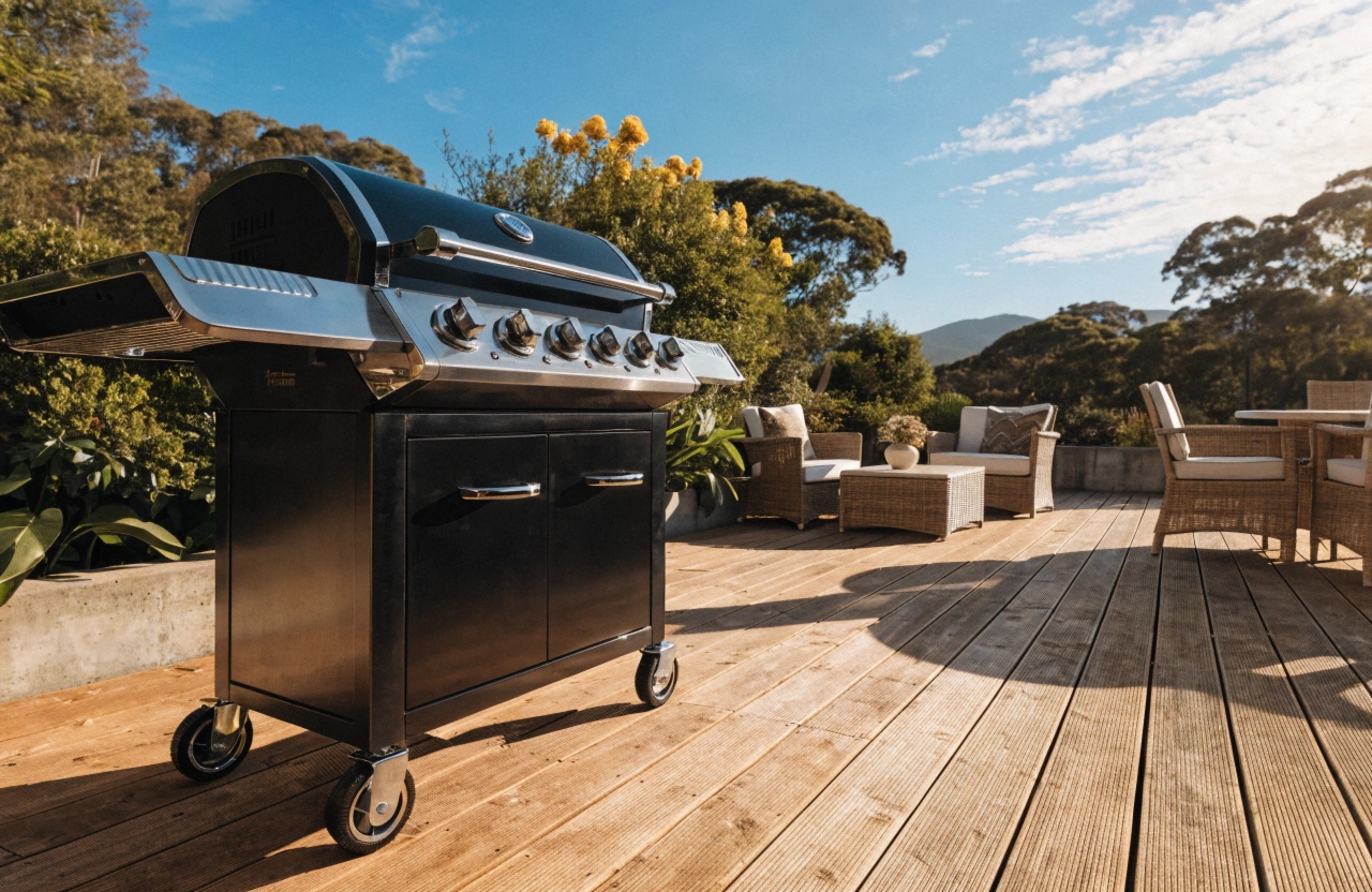 Fully restored gas BBQ on a backyard timber deck in Newcastle after professional plate and grill restoration
