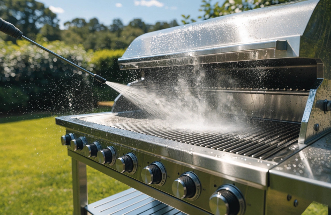 Professional BBQ sanitising service on a stainless steel gas grill in a Newcastle backyard