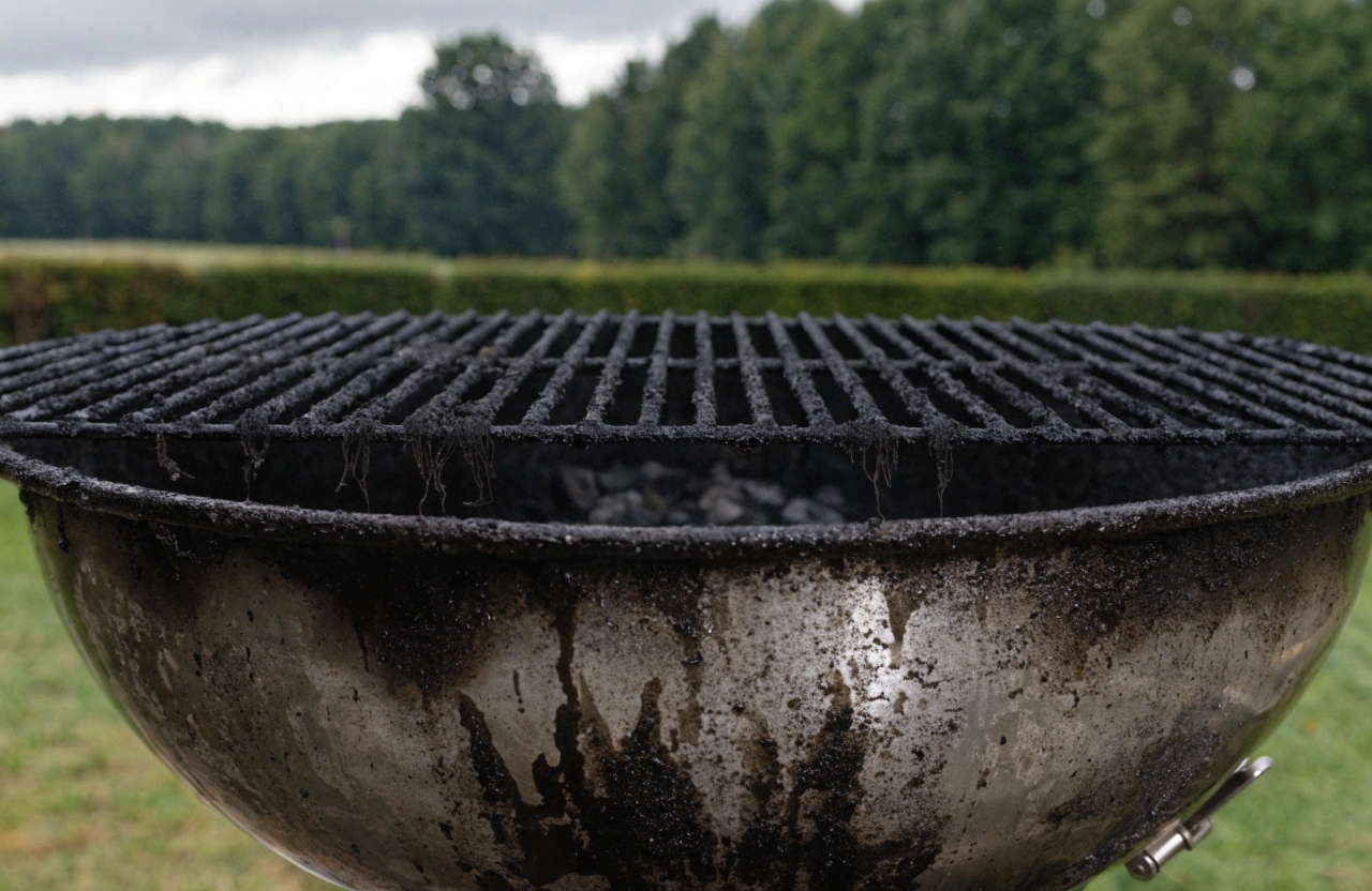 Inside of a neglected charcoal BBQ bowl showing carbon deposits and ash buildup before professional cleaning