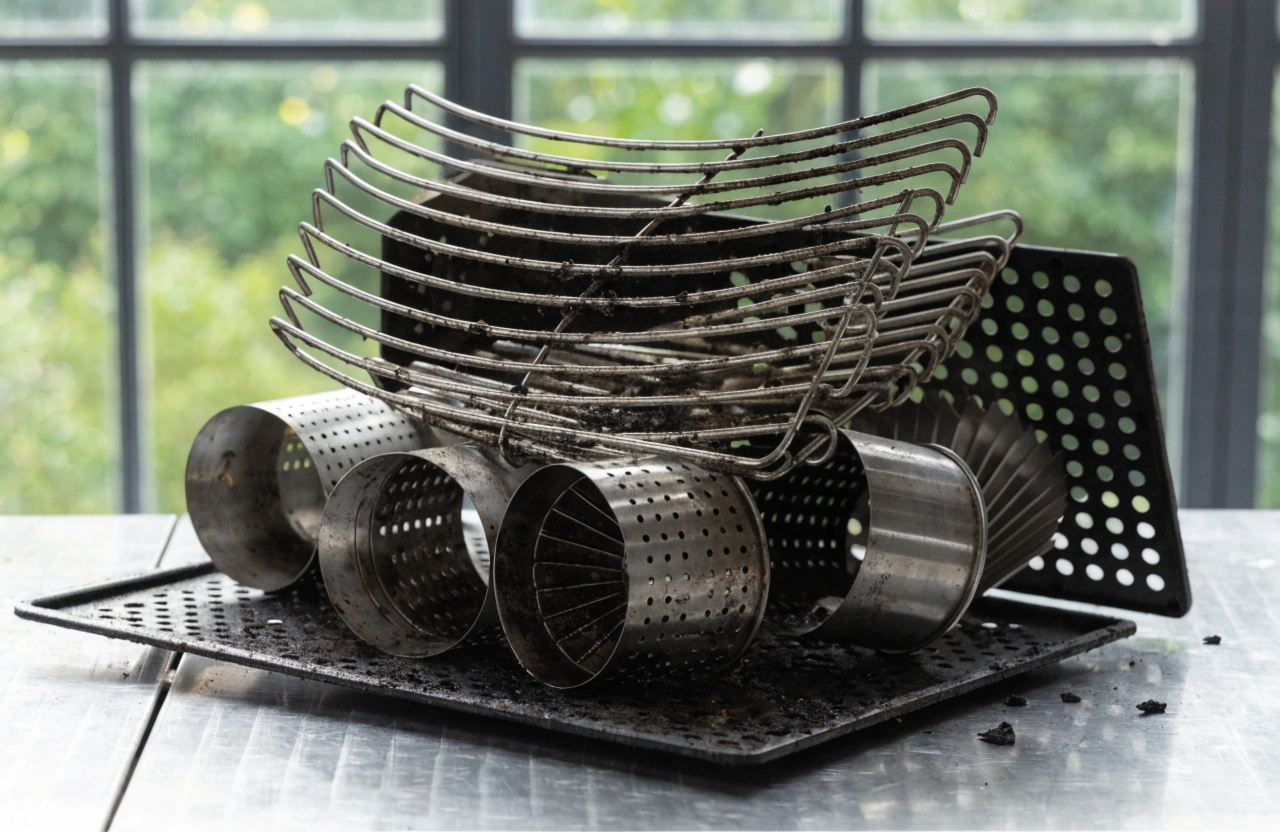 Disassembled BBQ grates and drip trays ready for professional sanitising and disinfection