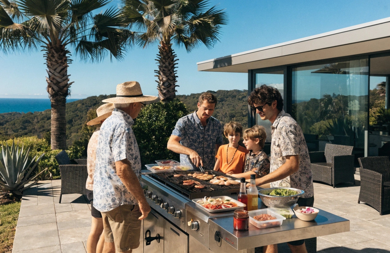BBQ cleaning Port Stephens — family entertaining on clean BBQ at coastal holiday home