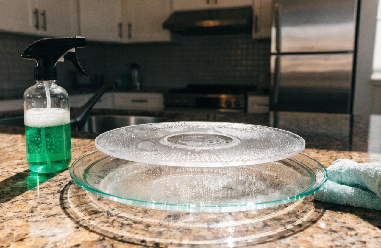 Microwave turntable plate being professionally cleaned on kitchen benchtop