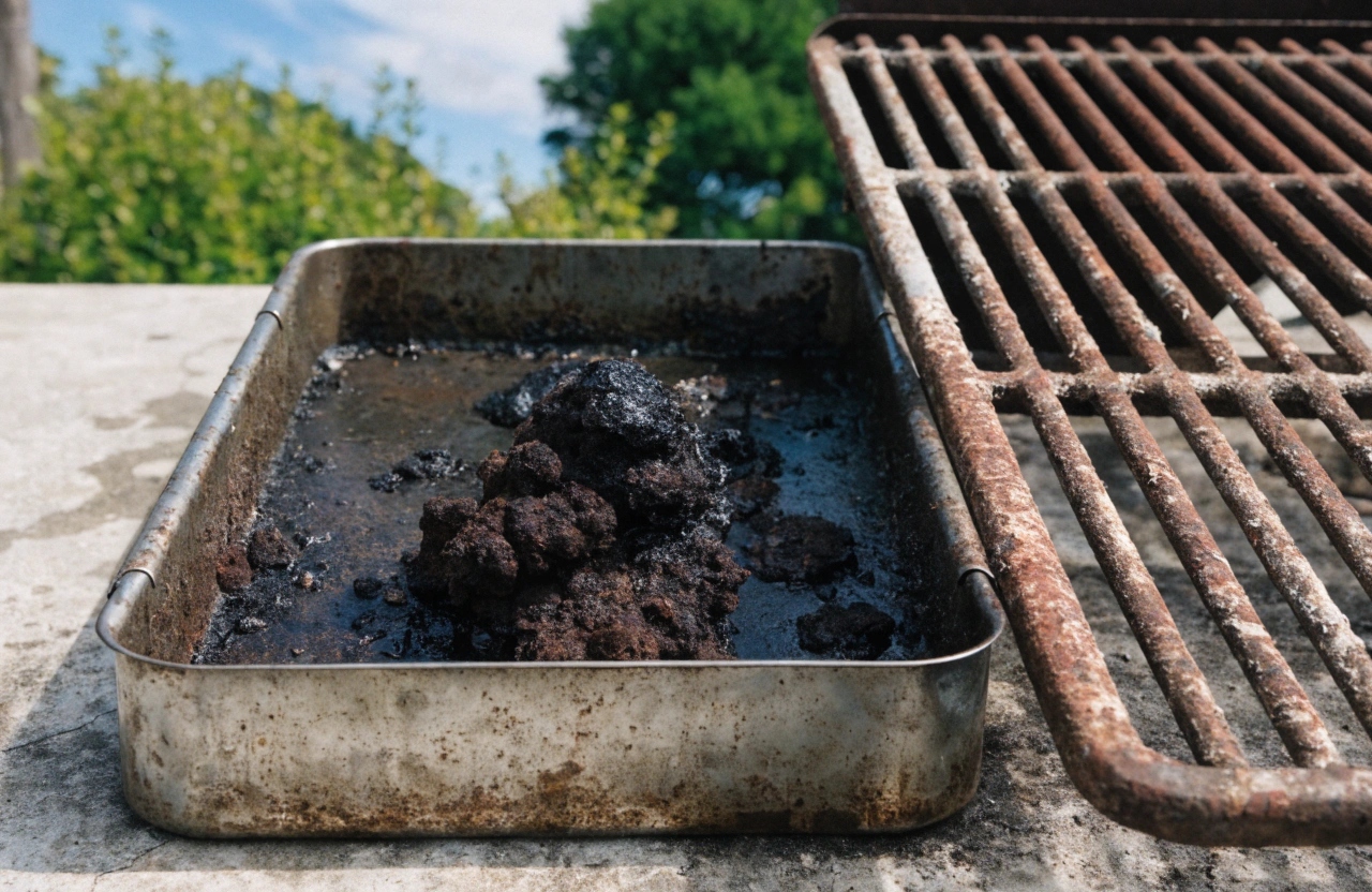 Neglected outdoor BBQ grease tray with hardened grease buildup showing the need for professional cleaning