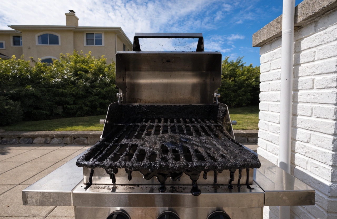 BBQ grill grate with heavy carbon and grease buildup before professional cleaning