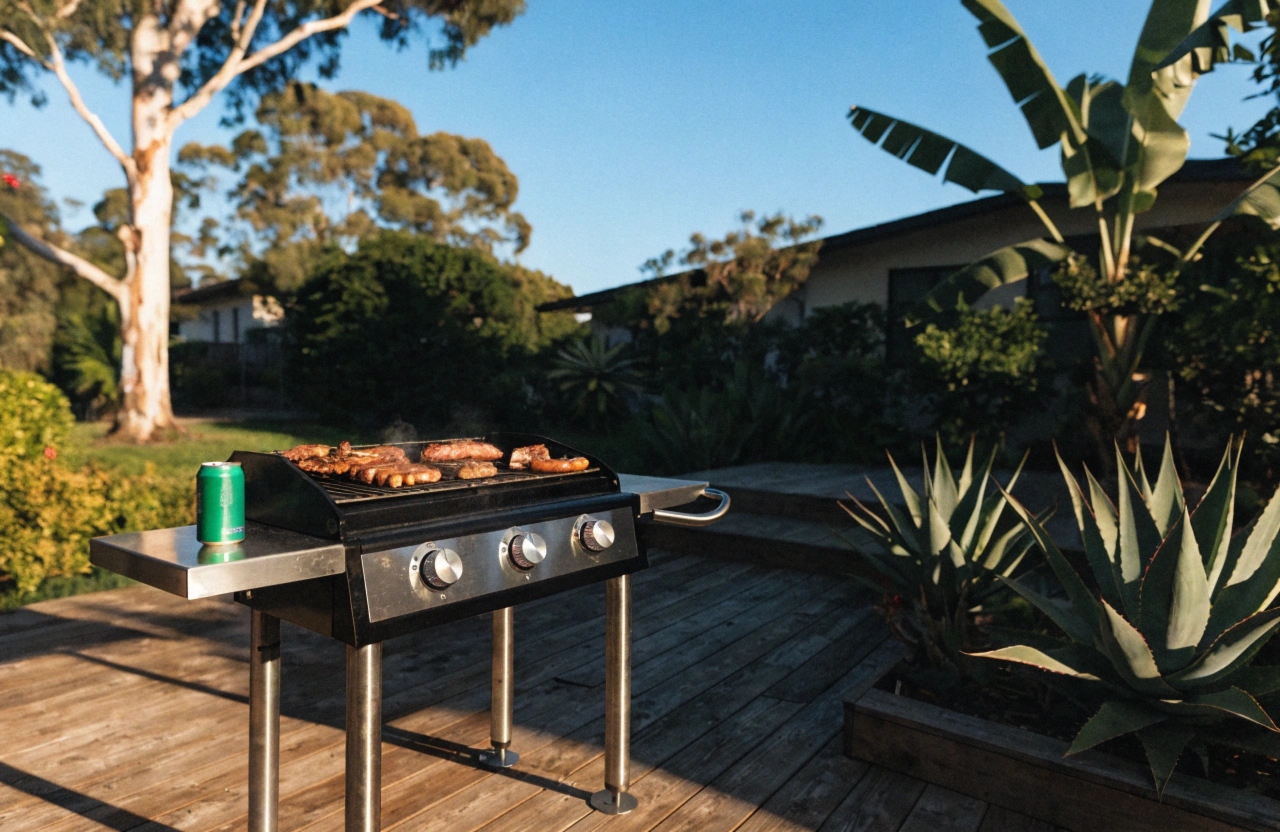 Gas BBQ on a timber deck in a Newcastle coastal backyard ready for weekend grilling