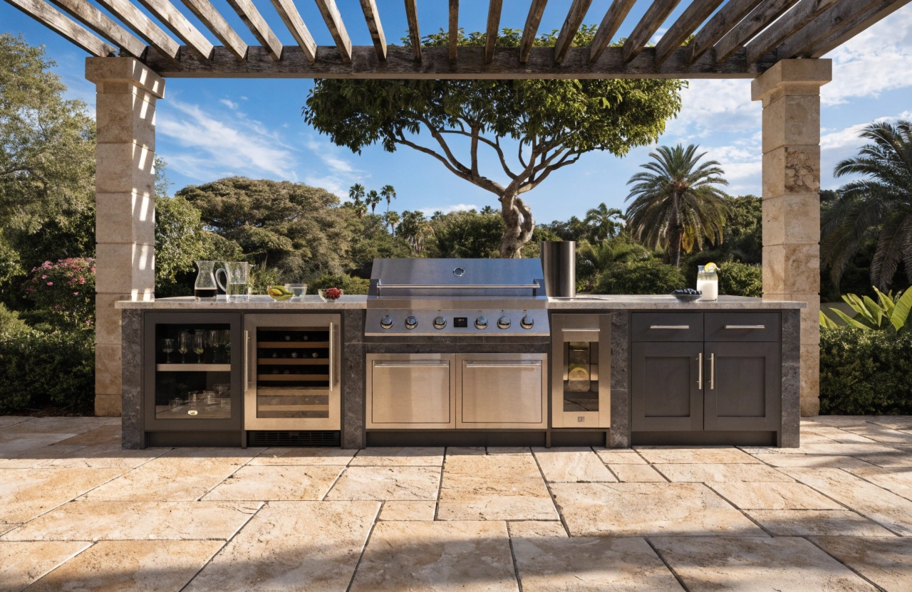 Premium outdoor kitchen with built-in BBQ and pergola in Newcastle suburban backyard