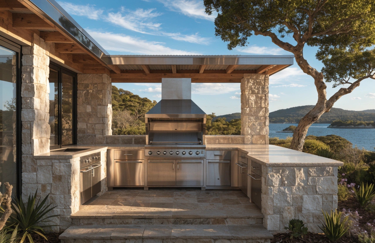 Built-in BBQ integrated into outdoor kitchen with stone benchtops in Newcastle backyard