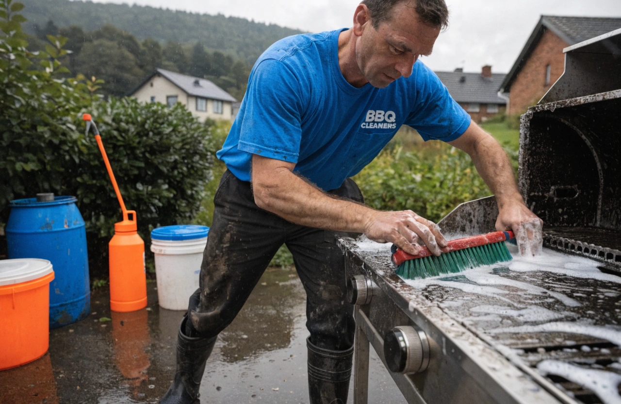 Professional BBQ cleaner scrubbing a greasy flat plate during an on-site clean