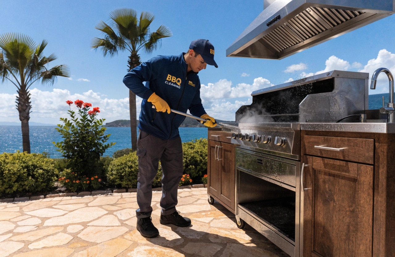 Professional BBQ cleaning service Port Stephens NSW — technician cleaning built-in outdoor kitchen BBQ