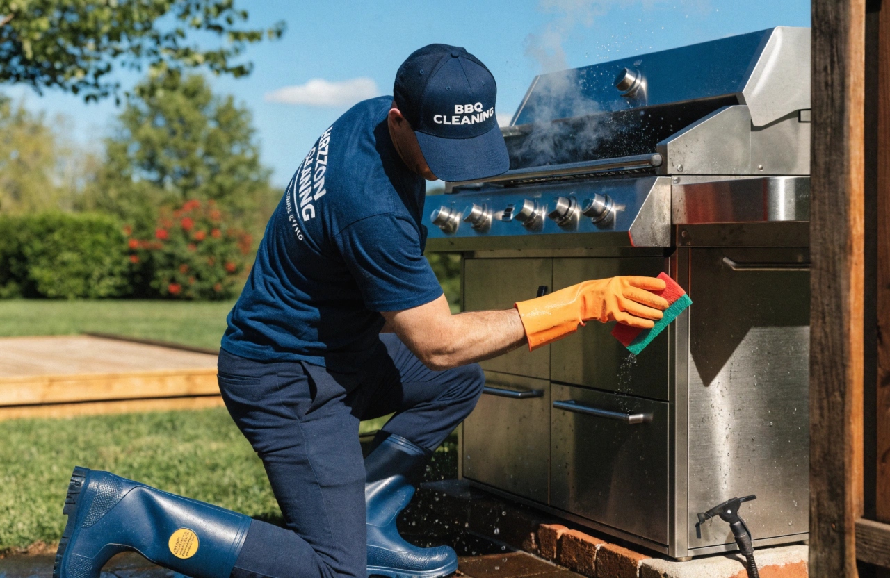 Professional BBQ cleaner servicing a gas BBQ in a Central Coast backyard