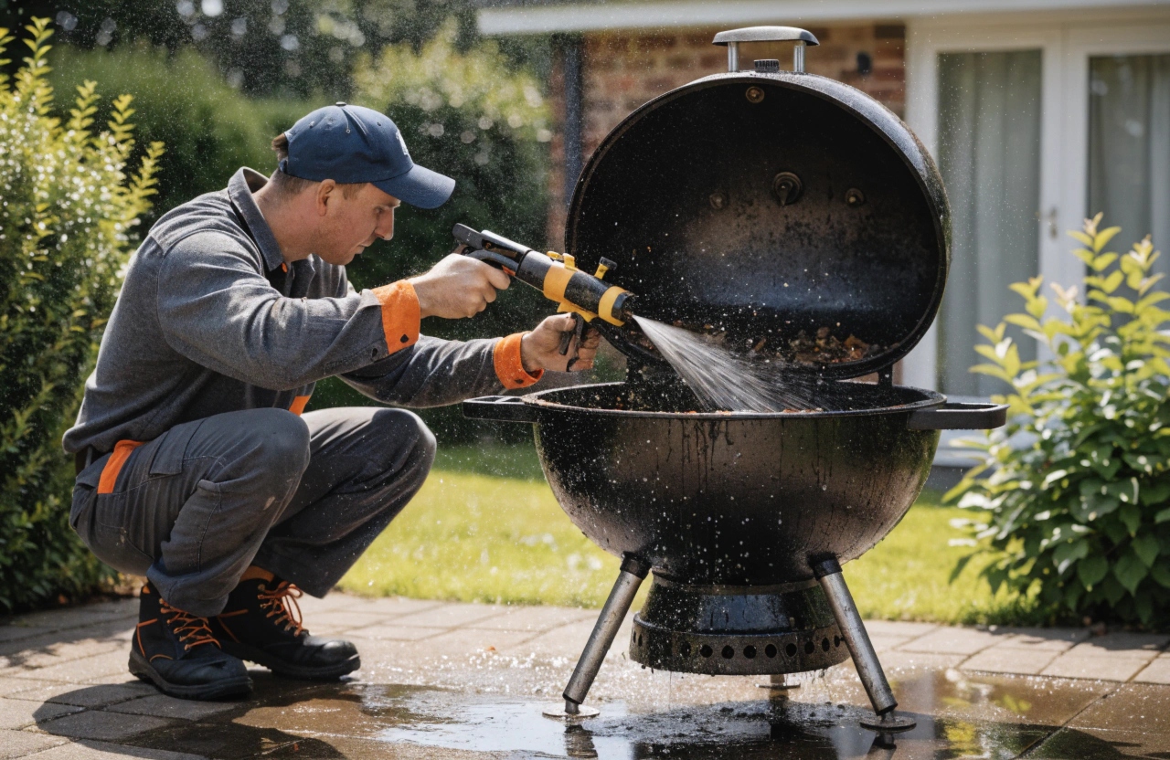 Professional charcoal BBQ cleaning technician working on a kettle BBQ in a Newcastle backyard