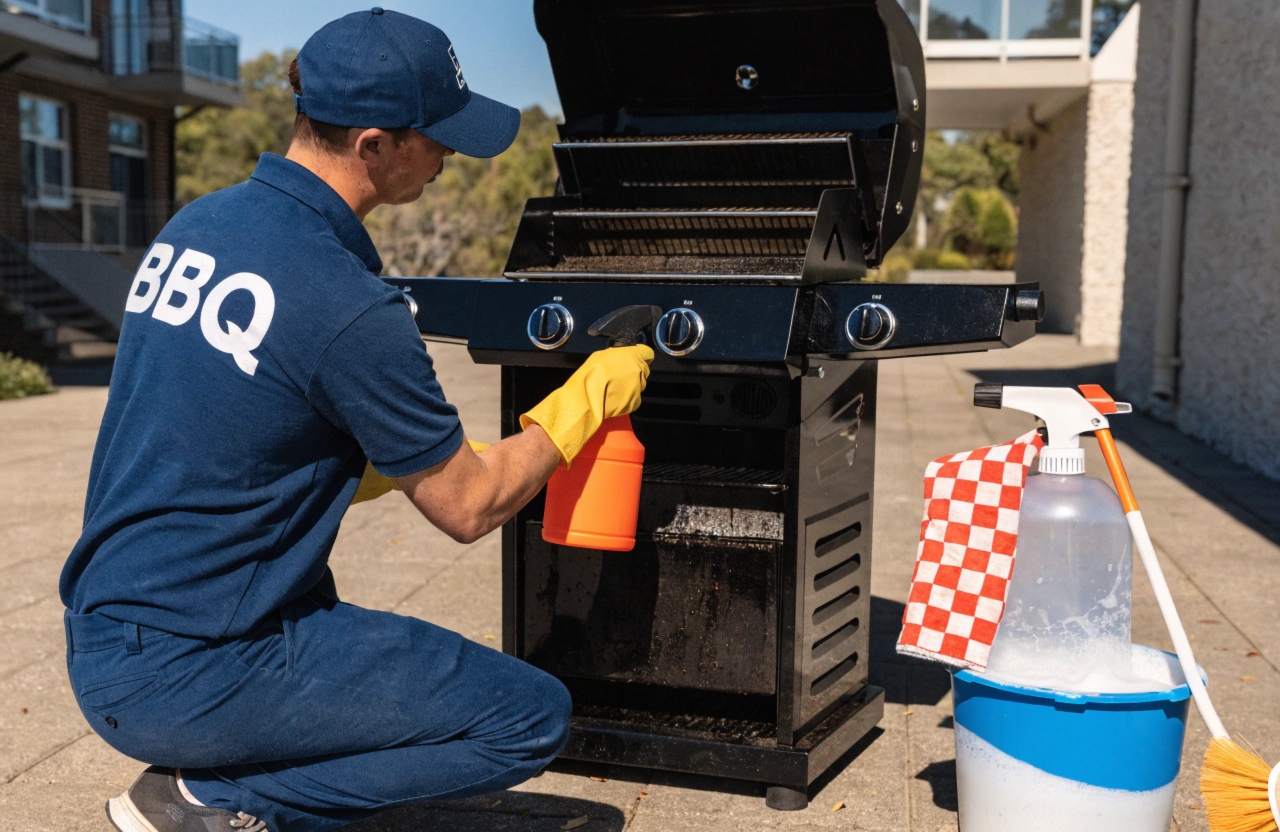 Professional BBQ degreasing technician servicing a gas barbecue at a Newcastle home