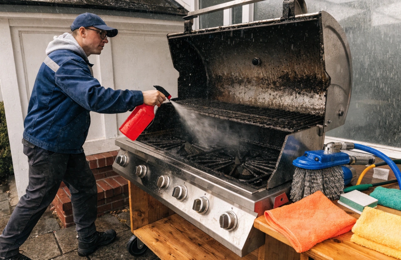 BBQ cleaner applying degreaser to dirty burners during a professional deep clean