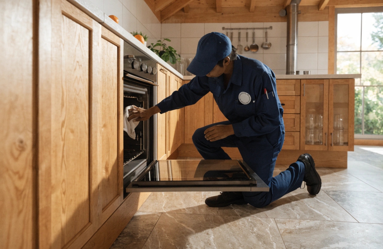 Professional oven cleaner servicing a residential oven in a Newcastle home