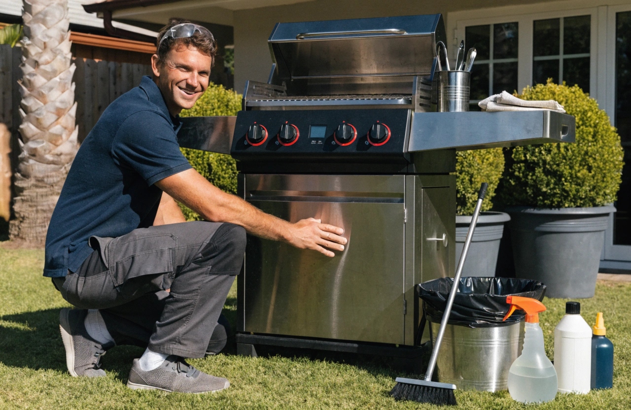 Professional BBQ cleaner servicing a residential BBQ at a Cessnock home