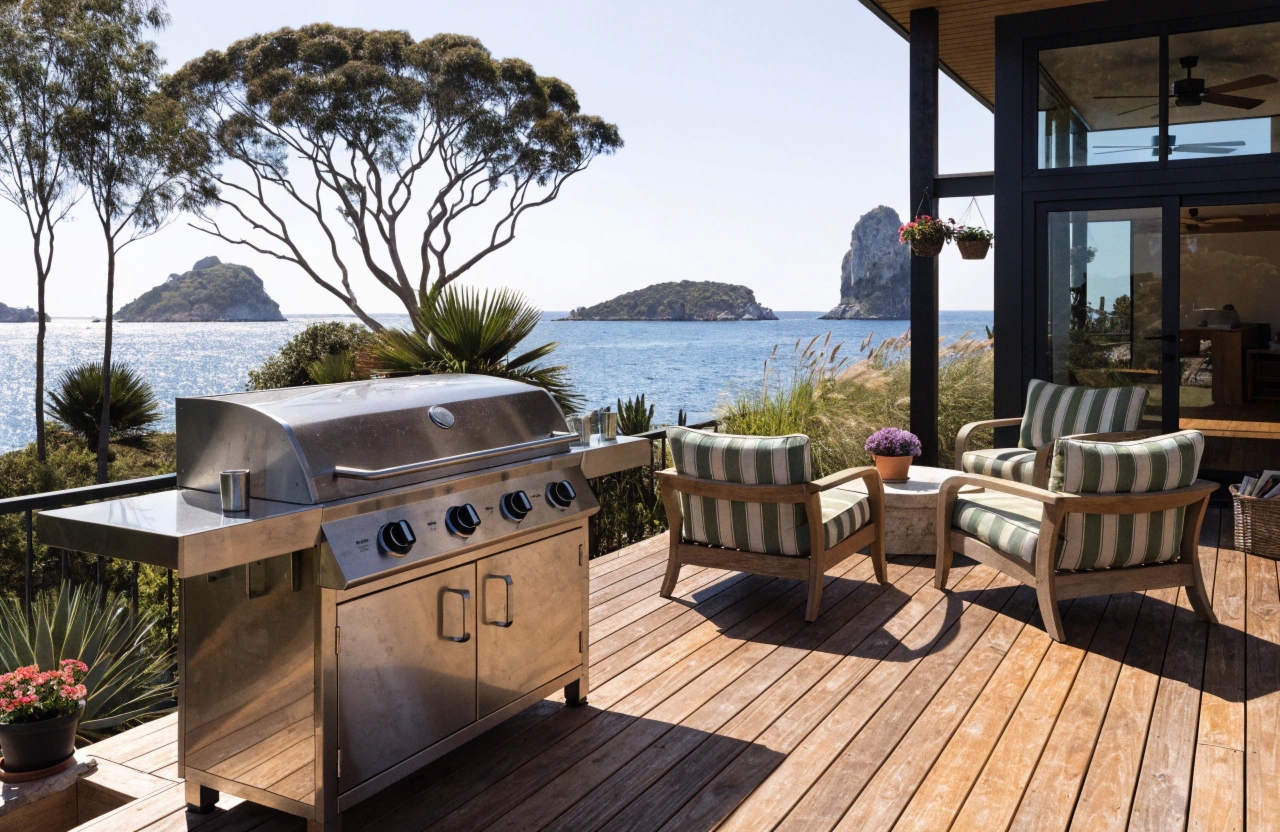 Professional BBQ cleaning Port Stephens — clean gas BBQ on coastal deck overlooking Port Stephens bay