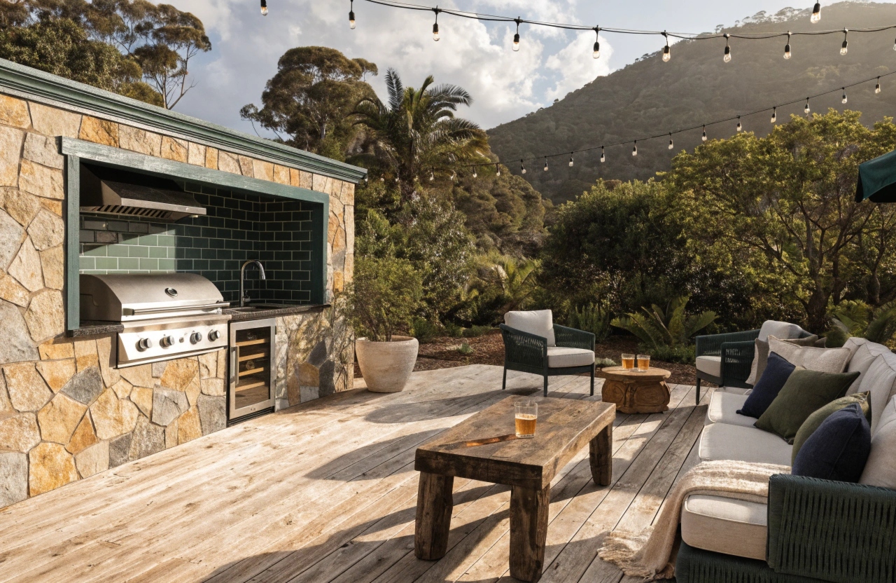 Australian outdoor entertaining area with built-in BBQ kitchen setup on a timber deck in a Newcastle backyard