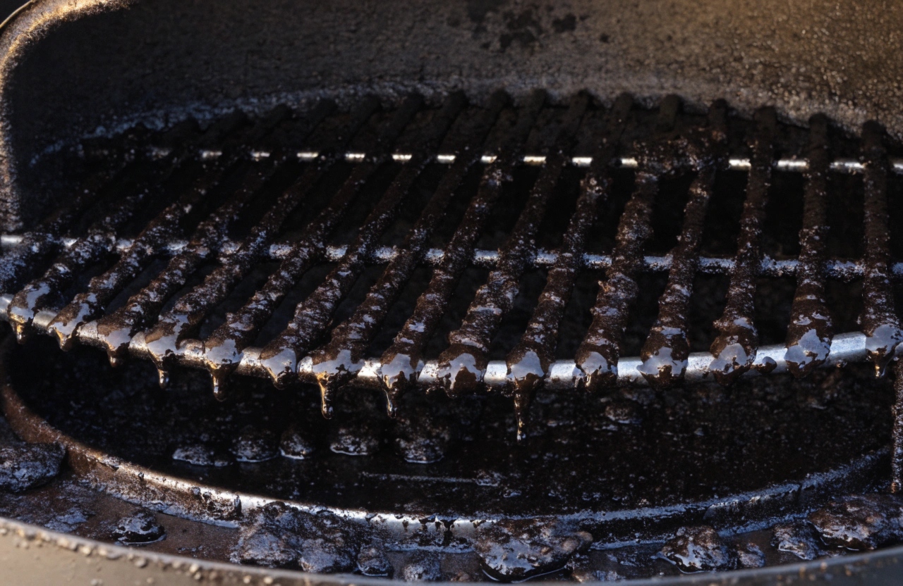Dirty BBQ grates with grease buildup before professional cleaning Newcastle