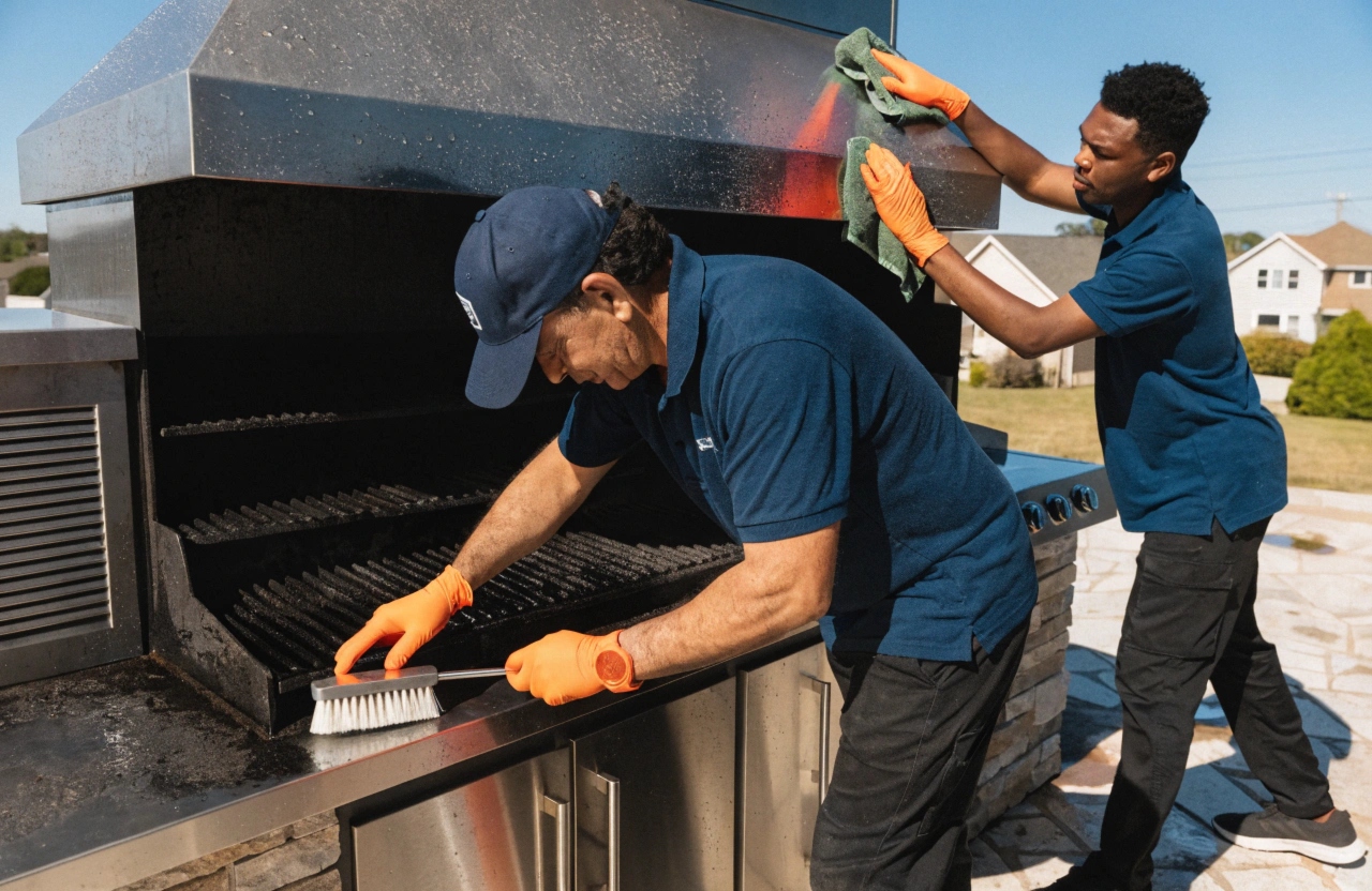 Two professional BBQ cleaners working together on a built-in outdoor BBQ